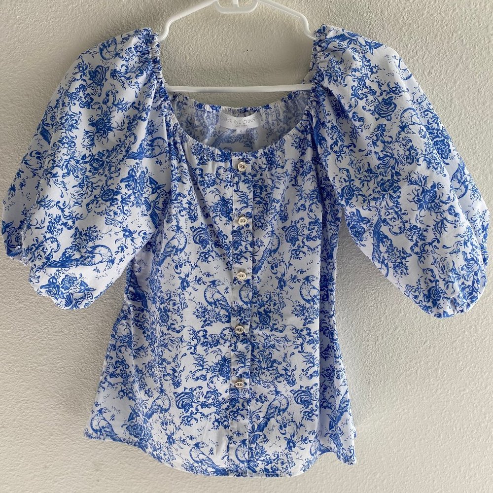 CAROLINE CONSTAS Balloon Sleeve Top, Blue&White, Size Small